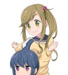  2girls between_breasts blonde_hair blue_hair breasts commentary eyebrows_visible_through_hair green_eyes hair_bun inuyama_aoi large_breasts multiple_girls school_uniform shima_rin side_ponytail thick_eyebrows trg-_(sain) violet_eyes white_background yurucamp 