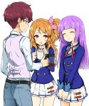  1boy 2girls :d aikatsu! blazer brown_hair coffee_mug coffee_pot commentary_request cup from_behind hair_ribbon hikami_sumire jacket long_hair minatsuki_randoseru mug multiple_girls one_side_up oozora_akari open_mouth pink_eyes pink_ribbon profile purple_hair ribbon school_uniform sena_tsubasa simple_background skirt smile starlight_academy_uniform white_background 