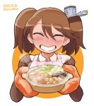  1girl ^_^ apron bangs blush brown_hair brown_sweater closed_eyes collared_shirt commentary_request cropped_torso dated dot_nose eyebrows_visible_through_hair facing_viewer fang food grin hair_between_eyes hands_up happy head_tilt headgear holding holding_food kantai_collection noumiso off_shoulder oven_mitts parted_bangs pink_apron raised_eyebrows ryuujou_(kantai_collection) shirt short_hair short_twintails simple_background smile solo steam sweater swept_bangs teeth twintails twitter_username upper_body white_background wing_collar 