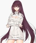  1girl breasts cleavage crossed_arms dress fate/grand_order fate_(series) large_breasts long_hair meme_attire open-chest_sweater purple_hair red_eyes ribbed_sweater scathach_(fate/grand_order) sino42 solo sweater sweater_dress very_long_hair 