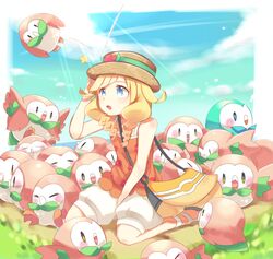  1girl bangs blonde_hair blue_eyes blush character_request eyebrows_visible_through_hair fuwasn1545 highres long_hair open_mouth pokemon sky smile 