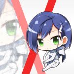  1girl bangs blue_hair blush bodysuit breasts chibi closed_mouth commentary_request darling_in_the_franxx eyebrows_visible_through_hair green_eyes hair_ornament ichigo_(darling_in_the_franxx) looking_at_viewer medium_breasts pilot_suit shachoo. short_hair sitting smile solo white_bodysuit zoom_layer 