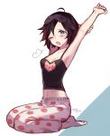  1girl ahoge armpits arms_behind_head arms_up black_hair breasts cleavage commentary_request ecru full_body gradient_hair grey_eyes medium_breasts navel one_eye_closed open_mouth pajamas redhead ruby_rose rwby short_hair sitting sleep_mask solo waking_up 