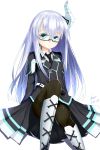  1girl absurdres aqua_eyes blue_hair boots dated glasses highres kami_jigen_game_neptune_v karv kiseijou_rei long_hair looking_at_viewer necktie neptune_(series) pantyhose signature simple_background sitting smile solo white_background 