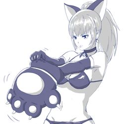  1girl animal_costume animal_ears bikini cat_ears cat_paws jizo leona_heidern long_hair monochrome paws ponytail snk snk_heroines:_tag_team_frenzy solo swimsuit the_king_of_fighters 