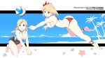  2girls :o ass azur_lane back ball bangs bare_arms bare_legs bare_shoulders barefoot beach beach_volleyball beachball bikini black_choker blonde_hair blue_eyes blue_sky bouncing_breasts braid breasts casual_one-piece_swimsuit character_name choker cleavage clouds coconut coconut_tree collarbone covered_navel crown_braid day diamond_(shape) dimples_of_venus earrings eyebrows eyebrows_visible_through_hair flower french_braid full_body hair_between_eyes hair_flower hair_ornament hands_together highres hood_(azur_lane) jewelry kneeling large_breasts leaning_forward lifebuoy long_hair low_ponytail midair mismatched_bikini multicolored multicolored_bikini multicolored_clothes multicolored_swimsuit multiple_girls ocean one-piece_swimsuit open_mouth orange_eyes outside_border outstretched_arm own_hands_together palm_tree pendant prince_of_wales_(azur_lane) red_bikini_bottom red_eyes red_ribbon revision ribbon seashell shell short_hair sideboob single_braid single_earring single_hair_intake skin_tight skindentation sky souji star swimsuit tareme thigh_strap tree v-shaped_eyebrows v_arms water white_bikini_top 
