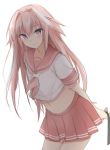  1boy alternate_hairstyle arms_behind_back astolfo_(fate) bangs blush commentary_request eyebrows_visible_through_hair fate/grand_order fate_(series) hair_down hair_tie highlights leaning_forward long_hair midriff mobu multicolored_hair navel neckerchief pink_hair pink_neckwear pink_skirt pleated_skirt revision school_uniform serafuku shirt short_sleeves skirt solo straight_hair streaked_hair thigh-highs trap two-tone_hair very_long_hair white_background white_hair white_shirt 