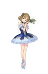  1girl bare_shoulders blue_skirt brown_hair detached_sleeves flower full_body green_eyes hair_flower hair_ornament hands_up head_tilt highres holding holding_flower lily_of_the_valley looking_at_viewer maria_florence official_art princess_principal princess_principal_game_of_mission puffy_short_sleeves puffy_sleeves short_hair short_sleeves skirt solo standing tiptoes 