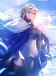 1girl armor armored_dress black_legwear blonde_hair braid eyebrows_visible_through_hair fate/apocrypha fate/grand_order fate_(series) headpiece highres jeanne_d&#039;arc_(fate) jeanne_d&#039;arc_(fate)_(all) long_braid long_hair looking_at_viewer ramenwanomimono single_braid smile solo thigh-highs