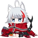  1girl admiral_graf_spee_(azur_lane) ahoge animal_ears azur_lane bailingxiao_jiu bangs black_dress black_footwear black_legwear blue_eyes blush blush_stickers boots bowl cat_ears chibi claws commentary_request covered_mouth dress eyebrows_visible_through_hair flag_print food frilled_dress frills fruit full_body glowing glowing_eye heart heart-shaped_pupils kemonomimi_mode kneehighs looking_at_viewer multicolored_hair norwegian_flag print_scarf red_scarf redhead scarf silver_hair simple_background sitting solo streaked_hair symbol-shaped_pupils tail wariza white_background 