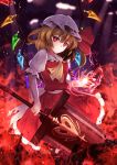  1girl ascot blonde_hair expressionless eyebrows_visible_through_hair fingernails flandre_scarlet hat hat_ribbon highres holding holding_sword holding_weapon looking_at_viewer mob_cap nail_polish puffy_short_sleeves puffy_sleeves red_eyes red_nails red_ribbon red_skirt ribbon sharp_fingernails short_sleeves sinkai skirt skirt_set solo sword touhou weapon white_hat wings yellow_neckwear 