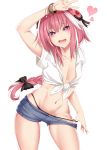  1boy :d absurdres arm_up astolfo_(fate) bangs black_bow black_panties black_ribbon blue_shorts blush bow bracelet braid calligraphy_brush_(medium) collarbone collared_shirt commentary_request contrapposto cowboy_shot denim denim_shorts eyebrows_visible_through_hair fang fate/grand_order fate_(series) floating_hair flower graphite_(medium) groin hair_between_eyes hair_bow hair_flower hair_ornament hair_ribbon half-closed_eyes heart heart-shaped_pupils hibiscus highres jewelry kana616 long_hair looking_at_viewer male_focus midriff multicolored_hair navel open_mouth panties panty_pull pink_hair red_flower ribbon shiny shiny_hair shirt short_shorts short_sleeves shorts signature simple_background single_braid skindentation smile solo spanish_commentary standing stomach streaked_hair symbol-shaped_pupils tied_shirt traditional_media trap underwear v very_long_hair violet_eyes white_background white_hair white_shirt 