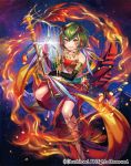  1girl cardfight!!_vanguard company_name dragon_dancer_tara facial_mark fangs feathers fire green_hair harp horns instrument jewelry matsurika_youko midriff necklace official_art sandals sitting solo yellow_eyes 
