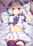  1girl :c agekichi_(heart_shape) asymmetrical_legwear azur_lane bangs bed_sheet black_legwear blue_bow bone bow breasts brooch bulldog_(azur_lane) closed_mouth collared_shirt commentary_request covering covering_crotch cowboy_shot double-breasted eyebrows_visible_through_hair from_above gloves gluteal_fold gold_trim grey_hair hair_between_eyes hair_flaps hand_up headgear jewelry looking_at_viewer lying machinery midriff miniskirt navel on_back partially_unbuttoned pleated_skirt red_eyes shade shiny shiny_hair shirt short_hair short_sleeves skirt skirt_tug small_breasts solo stomach thigh-highs thigh_gap thigh_strap torpedo white_gloves white_shirt white_skirt 
