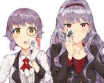  2girls :o absurdres black_jacket blush bracelet card closed_mouth collared_shirt copyright_request eyebrows_visible_through_hair gloves hand_up highres holding idolmaster jacket jewelry long_hair long_sleeves makabe_mizuki monocle multiple_girls necklace open_mouth purple_hair red_shirt shijou_takane shirt short_hair simple_background tuxedo_de_cat violet_eyes white_background white_gloves white_jacket wing_collar yellow_eyes 