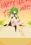  1girl absurdres alternate_costume bangs bare_shoulders barefoot black_dress breasts choumi_wuti_(xueye_fanmang_zhong) collarbone confetti dress girls_frontline green_hair hair_between_eyes halter_dress halterneck hand_up happy_new_year highres legs_crossed long_hair looking_at_viewer m950a_(girls_frontline) medium_breasts new_year open_mouth sidelocks sitting smile soles solo thighs twintails yellow_eyes 