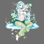  1girl apt aqua_hair bare_shoulders barefoot blue_hair breasts circlet erect_nipples flower full_body grey_background gyakushuu_no_fantasica leaf long_hair midriff navel official_art open_mouth simple_background sitting solo water 