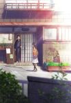  1boy 1girl architecture bag black_hair brown_hair building east_asian_architecture jacket japanese_clothes long_hair mocha_(cotton) original outdoors plant short_hair skirt sliding_doors window 