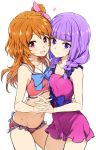  2girls :d aikatsu! alternate_hairstyle bikini braid breasts brown_hair casual_one-piece_swimsuit cheek-to-cheek commentary frilled_bikini frills hand_holding hand_on_another&#039;s_hip hikami_sumire minatsuki_randoseru multiple_girls navel one-piece_swimsuit one_side_up oozora_akari open_mouth pink_ribbon pink_swimsuit purple_hair red_bikini red_eyes ribbon sailor_collar simple_background small_breasts smile swimsuit twin_braids violet_eyes white_background 