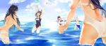  5girls akagi_(azur_lane) animal_ears arms_up ass atago_(azur_lane) azur_lane ball beachball bikini black_hair blue_bikini blue_hair blush breasts brown_eyes brown_hair butt_crack closed_mouth clouds day high_ponytail highres kaga_(azur_lane) large_breasts leaning_forward long_hair mole mole_under_eye multiple_girls navel nero4 one-piece_swimsuit one_eye_closed open_mouth outdoors outstretched_arms sarong school_swimsuit short_hair sky smile splashing standing swimsuit takao_(azur_lane) tan tanline thigh-highs v-shaped_eyebrows very_long_hair water wet white_bikini white_legwear white_swimsuit yamashiro_(azur_lane) 