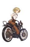  1girl black_footwear black_gloves blonde_hair blue_eyes boots breasts brown_pants cross-laced_footwear full_body gloves goggles goggles_around_neck ground_vehicle hand_on_hip highres jane_mclean lace-up_boots looking_at_viewer medium_breasts motor_vehicle motorcycle official_art open_mouth pants pouch princess_principal princess_principal_game_of_mission solo 