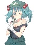  1girl ;) aqua_eyes aqua_hair bangs bare_shoulders blush breasts cleavage closed_mouth clothes_around_waist eyebrows_visible_through_hair gloves green_hat hair_bobbles hair_ornament hat holding kawashiro_nitori looking_at_viewer one_eye_closed paragasu_(parags112) peaked_cap simple_background sleeveless small_breasts smile solo strap_slip touhou twintails upper_body white_background white_gloves wrench 