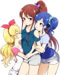  3girls :d ^_^ aikatsu! arm_hug blonde_hair blue_eyes blue_hair blush bow brown_hair butterfly_hair_ornament casual closed_eyes commentary girl_sandwich hair_bow hair_ornament hair_scrunchie hairband hand_on_another&#039;s_head hoshimiya_ichigo hug kiriya_aoi long_hair minatsuki_randoseru multiple_girls open_mouth ponytail profile red_bow sandwiched scrunchie shibuki_ran shirt shorts shoulder_cutout sidelocks simple_background smile t-shirt very_long_hair violet_eyes white_background yuri 