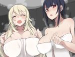 &gt;:o 2girls :d ^_^ atago_(kantai_collection) black_hair blonde_hair breasts cleavage clenched_hand closed_eyes commentary_request erect_nipples facing_viewer half-closed_eyes hand_up hands_up hatching_(texture) holding_towel impossible_towel kantai_collection large_breasts long_hair looking_at_viewer maze_(gochama_ze_gohan) multiple_girls naked_towel onsen open_mouth outdoors red_eyes sagging_breasts short_hair smile steam sweat takao_(kantai_collection) towel upper_body wavy_hair white_towel 