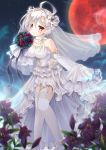  1girl ahoge azur_lane bare_shoulders black_flower black_rose blurry blurry_foreground blush bolt bouquet breasts bridal_veil closed_mouth commentary_request depth_of_field detached_sleeves dress flower full_moon garter_straps head_tilt highres holding holding_bouquet long_sleeves looking_at_viewer medium_breasts moon night night_sky outdoors purple_flower red_eyes red_flower red_moon red_rose rose see-through shoes sky sleeves_past_fingers sleeves_past_wrists solo standing star_(sky) starry_sky stitches strapless strapless_dress terror_(azur_lane) thigh-highs veil wedding_dress white_dress white_flower white_footwear white_hair white_legwear white_rose wide_sleeves yorarry 