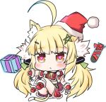  1girl ahoge animal_ears azur_lane bailingxiao_jiu bangs belt black_panties blonde_hair blush box brown_eyes cat_ears cat_girl cat_tail chibi commentary_request eldridge_(azur_lane) eyebrows_visible_through_hair full_body fur-trimmed_boots fur-trimmed_mittens fur_trim gift gift_box gift_wrapping green_belt hair_ornament hairclip hat heart heart-shaped_pupils kemonomimi_mode kneehighs long_hair looking_at_viewer mittens panties parted_lips red_footwear red_hat red_mittens red_shirt red_skirt santa_hat shirt sidelocks simple_background skirt solo symbol-shaped_pupils tail torpedo twintails underwear very_long_hair white_background white_legwear 