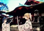  2girls ayase_eli bangs blonde_hair blue_eyes blue_hair commentary_request hair_between_eyes highres holding holding_sword holding_weapon japanese_clothes katana long_hair looking_at_another love_live! love_live!_school_idol_project miko multiple_girls outdoors photo_background sheath shinto shrine sonoda_umi suito sword weapon wide_sleeves 