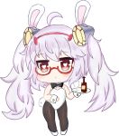  1girl :o ahoge animal_ears azur_lane bailingxiao_jiu bangs bare_shoulders bespectacled black_legwear black_neckwear blush bottle bow bowtie bunny_girl bunny_tail bunnysuit chibi cup detached_collar drinking_glass eyebrows_visible_through_hair full_body glass_bottle glasses hair_between_eyes hair_ornament hairband heart heart-shaped_pupils highres holding holding_tray laffey_(azur_lane) leotard long_hair pantyhose parted_lips purple_hair rabbit_ears red_eyes red_glasses red_hairband shiny shiny_hair simple_background solo standing strapless strapless_leotard symbol-shaped_pupils tail tray twintails very_long_hair white_background white_collar white_footwear white_leotard wine_glass wrist_cuffs 