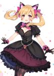  1girl animal_ears argyle argyle_legwear black_cat_d.va black_dress black_gloves blonde_hair blush bow bowtie bracelet breasts brown_eyes cat_ears cleavage cleavage_cutout d.va_(overwatch) dress earrings eyebrows_visible_through_hair eyelashes facial_mark fake_animal_ears frilled_dress frilled_sleeves frills gloves hair_bow heart heart_earrings highres jewelry layered_dress long_hair looking_at_viewer medium_breasts overwatch pantyhose pearl_bracelet pink_bow pink_neckwear puffy_short_sleeves puffy_sleeves purple_legwear short_sleeves simple_background solo twintails v-shaped_eyebrows whisker_markings white_background zonana 