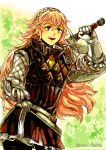  1girl absurdres curly_hair fire_emblem fire_emblem_if gloves highres holding holding_sword holding_weapon long_hair looking_at_viewer pink_hair smile soleil_(fire_emblem_if) solo sword weapon 