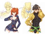  1boy 1girl abs belt black_hair black_shirt blue_jacket breasts cleavage cleavage_cutout command_spell contrapposto cosplay dio_brando dio_brando_(cosplay) fate/grand_order fate_(series) fujimaru_ritsuka_(female) giorno_giovanna giorno_giovanna_(cosplay) gold_experience grin hair_between_eyes hair_ornament hair_scrunchie hand_in_hair hand_on_hip hand_up heart_cutout jacket jojo_no_kimyou_na_bouken jojo_pose kangetsu_(fhalei) long_sleeves looking_at_viewer one_side_up open_clothes open_jacket ozymandias_(fate) pants pose redhead scrunchie shirt simple_background smile stand_(jojo) standing stardust_crusaders the_world vento_aureo white_background yellow_eyes yellow_jacket yellow_pants 
