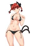  1girl animal_ears bangs bare_arms bare_legs bare_shoulders bikini black_bikini black_bow blunt_bangs bow breasts cat_ears cat_tail cleavage closed_mouth contrapposto eyebrows_visible_through_hair hair_bow halter_top halterneck highres kaenbyou_rin looking_at_viewer medium_breasts multiple_tails navel ootsuki_wataru paw_pose pointy_ears red_eyes redhead short_hair side-tie_bikini smile solo stomach swimsuit tail thick_eyebrows touhou transparent_background two_tails 