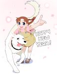  1girl 2018 alexander_(fma) blue_eyes braid brown_hair dog fullmetal_alchemist happy_new_year highres mary_janes new_year nina_tucker open_mouth shoes smile techsupportdog thick_outlines twin_braids 
