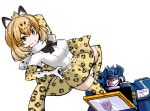  1boy 1girl 80s animal_ears blonde_hair bow bowtie breasts cannon crossover decepticon elbow_gloves fur_collar gloves highres huge_breasts insignia jaguar_(kemono_friends) jaguar_ears jaguar_print jaguar_tail kemono_friends large_breasts looking_at_viewer multicolored_hair no_humans oldschool red_eyes shirt short_hair short_sleeves simple_background skirt smile soundwave tail thigh-highs torii5011 transformers weapon white_background yellow_eyes 