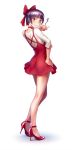  1girl ass bangs blunt_bangs blush bow dress eyebrows_visible_through_hair from_side full_body gegege_no_kitarou hair_bow hand_on_hip high_heels looking_at_viewer nail_polish nekomusume paw_pose pointy_ears purple_hair red_dress red_footwear smile solo white_background wokada yellow_eyes 