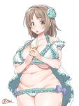  1girl :p artist_name bare_shoulders belly breasts brown_eyes brown_hair dessert fat food highres huge_breasts idolmaster idolmaster_cinderella_girls large_breasts long_hair looking_at_viewer mimura_kanako navel obui plump signature simple_background solo thick_thighs thighs tongue tongue_out under_boob white_background 