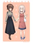  2girls :d absurdres apron beige_shirt black_skirt blue_footwear blue_skirt blush border breasts brown_footwear brown_hair clenched_hand closed_eyes closed_mouth cross-laced_footwear eyebrows_visible_through_hair girls_und_panzer grey_sweater hair_between_eyes hand_holding high-waist_skirt highres itsumi_erika large_breasts long_hair long_sleeves looking_at_another multiple_girls nishizumi_maho open_mouth pink_apron pink_background short_hair skirt smile socks standing suspender_skirt suspenders sweater syohousen tank_print translation_request turtleneck turtleneck_sweater white_legwear 