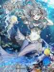 1girl artist_name blue_eyes bracelet breasts bubble cleavage company_name copyright_name coral earrings fish flower grey_hair gyakushuu_no_fantasica hair_flower hair_ornament honnou_(kjs9504) jellyfish jewelry long_hair midriff navel official_art open_mouth solo sparkle teeth underwater 