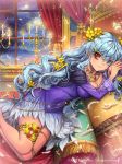  1girl blue_eyes blue_hair breasts candle cleavage company_name covered_navel curtains ells feathers fire gyakushuu_no_fantasica hair_ornament heterochromia jewelry long_hair necklace official_art pillow red_eyes solo sparkle window 