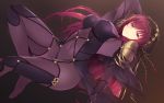  1girl armor bangs bodysuit breasts cait circlet commentary covered_navel fate/grand_order fate_(series) highres jewelry large_breasts long_hair pauldrons purple_bodysuit purple_hair red_eyes scathach_(fate/grand_order) shoulder_armor solo veil 