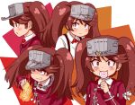  1girl :&lt; :3 bangs blush brown_hair candy clenched_teeth closed_mouth collared_shirt commentary_request dot_nose eyebrows_visible_through_hair eyelashes eyes_visible_through_hair fire food hand_up holding_lollipop japanese_clothes kantai_collection kariginu kikumon lollipop long_hair long_sleeves looking_at_viewer magatama magatama_necklace multiple_persona orange_eyes parted_bangs pyrokinesis raised_eyebrows ribbon ribbon-trimmed_clothes ribbon_trim rigging ryuujou_(kantai_collection) shirt short_eyebrows simple_background sleeves_folded_up suspenders swept_bangs swirl_lollipop tassel teeth thick_eyebrows translation_request twintails visor_cap white_background white_ribbon white_shirt wide-eyed wing_collar yukinojou_yakan 