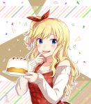  1girl :d abstract_background apron bekkourico blonde_hair blue_eyes blush cake eyebrows_visible_through_hair food hair_ribbon holding holding_plate idolmaster idolmaster_cinderella_girls long_hair long_sleeves looking_at_viewer off-shoulder_sweater one_side_up ootsuki_yui open_mouth plaid plaid_apron plaid_ribbon plate red_apron red_ribbon ribbon shiny shiny_hair signature sleeves_past_wrists smile solo sweater tareme tasting tongue tongue_out triangle wavy_hair white_sweater 