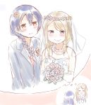  2girls ayase_arisa bangs bare_shoulders blonde_hair blue_eyes blue_hair blush bouquet braid bridal_veil bride commentary_request couple dress elbow_gloves eyebrows_visible_through_hair flower formal gloves hair_between_eyes hair_flower hair_ornament head_wreath imagining long_hair love_live! love_live!_school_idol_project multiple_girls shijimi_kozou simple_background smile sonoda_umi strapless strapless_dress suit thought_bubble tuxedo veil wedding wedding_dress white_dress white_gloves wife_and_wife 