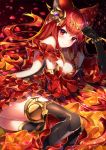  1girl absurdres animal_ears anthuria backless_outfit bare_shoulders black_legwear blush breasts detached_sleeves dress erun_(granblue_fantasy) granblue_fantasy hair_ornament highres homaderi looking_at_viewer medium_breasts petals red_dress red_eyes redhead smile solo thigh-highs 