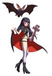  1girl absurdres alternate_costume bangs bat black_footwear black_hair black_panties blush boots bow bowtie cape choker cross embarrassed grey_eyes high_heel_boots high_heels highres long_hair mamahaha nakoruru official_art ogura_eisuke panties samurai_spirits snk snk_heroines:_tag_team_frenzy solo thigh-highs underwear white_legwear 