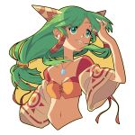  1girl adjusting_hair artist_name commentary feena_(grandia) floating_hair grandia grandia_i green_eyes green_hair hair_ornament hair_tubes jewelry long_hair low-tied_long_hair midriff navel parted_lips pendant sidelocks smile solo wide_sleeves wind zhampy 